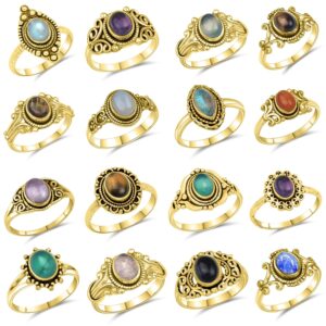 Assorted Handmade Rings for Women – Pack of 5 Gold-Plated Vintage Boho Crystal Rings, Adjustable Midi & Stacking Finger Ring Set with Mixed Stones (US Sizes 6–10)