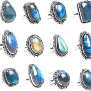 Handmade Labradorite Gemstone Rings Pack of 10 – Assorted Unique Designs, Silver-Plated Brass Boho Jewellery Set for Women, Natural Crystal Stone Rings (Sizes L–T)