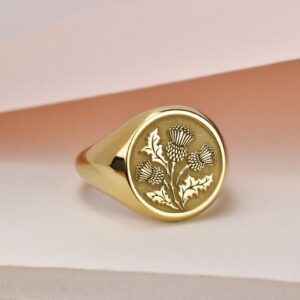 thistle signet ring| scottish round nature flower jewelry| gift| 925 sterling silver (Ring Size US 5-12.5) gold plated |LK_PDR_00217