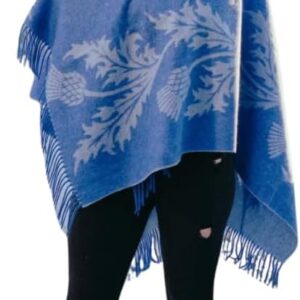 EDINBURGH CASHMERE Reversible Pure Lambswool Open Front Poncho Cape Coat Shawl and Wrap for Men & Women, Floral Printed Winter Wear with Fringed Tassels, Features in Vogue(Blue/Silver Blue 124x125 cm)