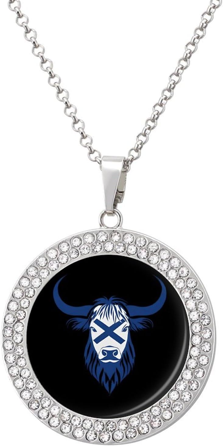 Highland Cow Scottish Flag Women's Diamond Necklace Shiny Rhinestones Pendant Jewel Necklaces Romantic Trendy