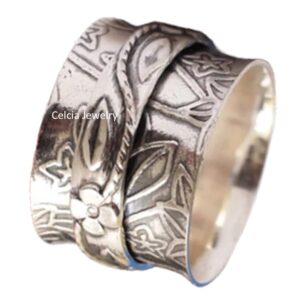 Unique Spinning Meditation Ring, Spin Anxiety Ring, Pure 925 Sterling Silver Fidget Ring, Leaves Flower Floral Designer Ring, Chunky Ring, Gift for Her Him (US Ring size 7)