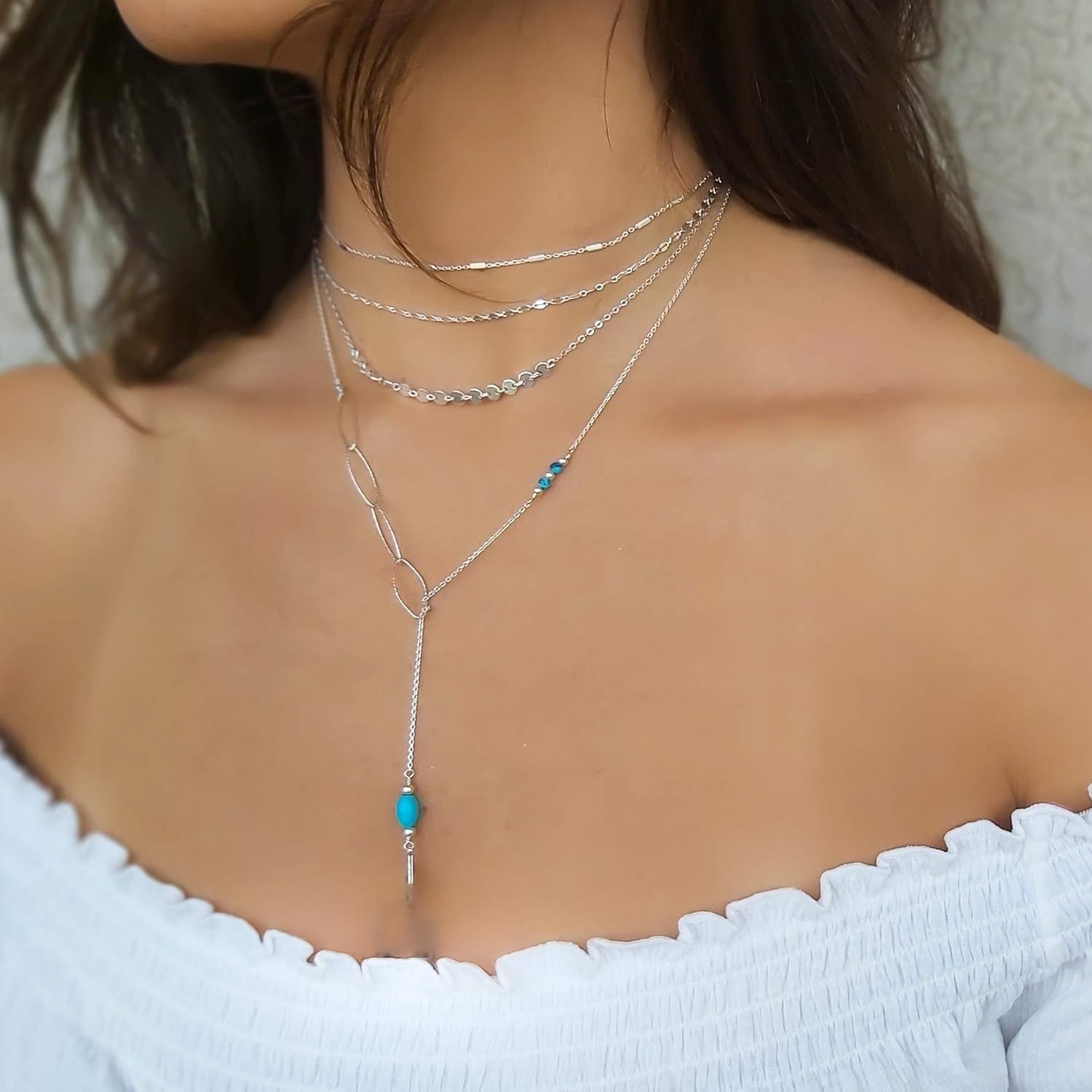 Annika Bella Dainty Turquoise Lariat Necklace, 925 Sterling Silver Long Chain Necklace, Oval Links Chain, Women's Jewellery, Gift for Her (Silver) - Image 5