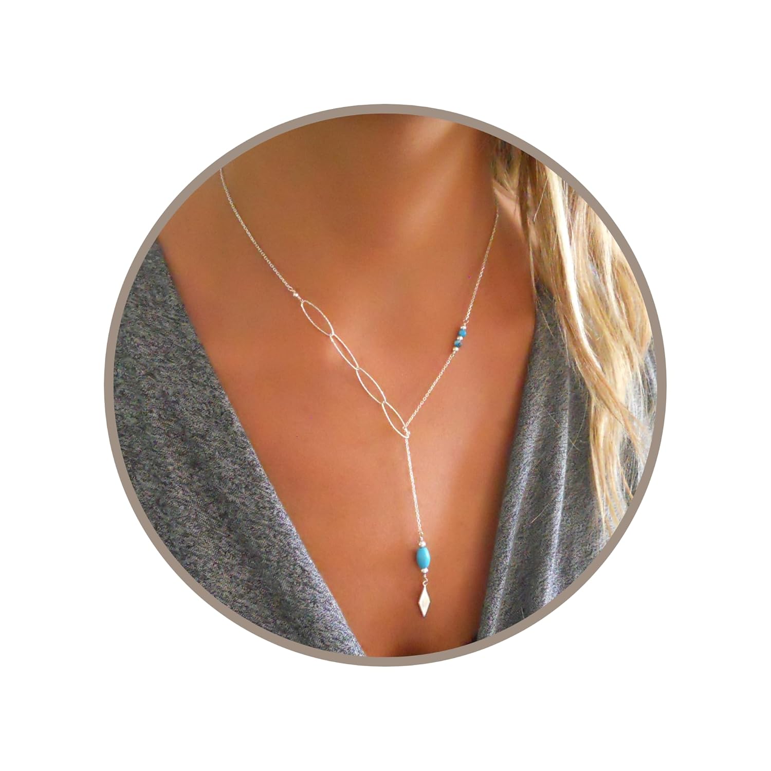 Annika Bella Dainty Turquoise Lariat Necklace, 925 Sterling Silver Long Chain Necklace, Oval Links Chain, Women's Jewellery, Gift for Her (Silver)