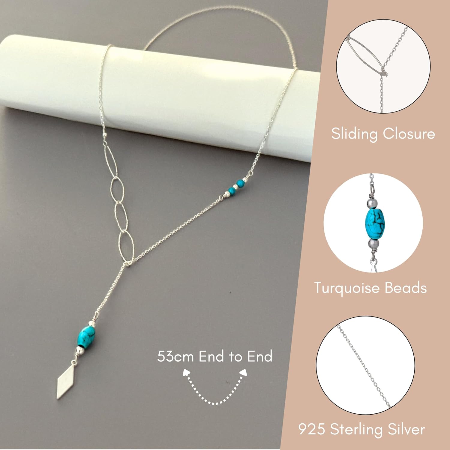 Annika Bella Dainty Turquoise Lariat Necklace, 925 Sterling Silver Long Chain Necklace, Oval Links Chain, Women's Jewellery, Gift for Her (Silver) - Image 4