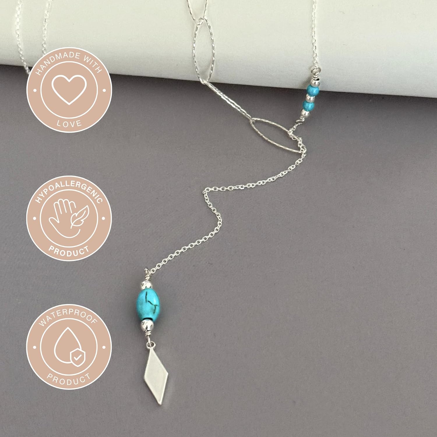 Annika Bella Dainty Turquoise Lariat Necklace, 925 Sterling Silver Long Chain Necklace, Oval Links Chain, Women's Jewellery, Gift for Her (Silver) - Image 6
