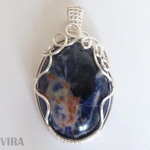 Bovira Sodalite Fine Silver Handmade Pendant Wire Wrapped Woven Real Genuine Natural Gemstone Gift For Her Present