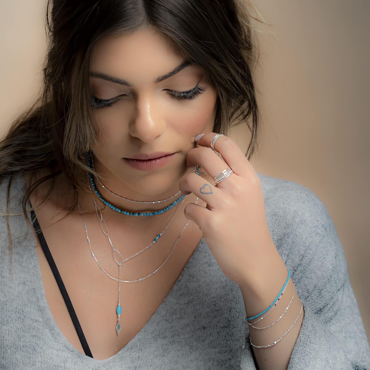 Annika Bella Dainty Turquoise Lariat Necklace, 925 Sterling Silver Long Chain Necklace, Oval Links Chain, Women's Jewellery, Gift for Her (Silver) - Image 3