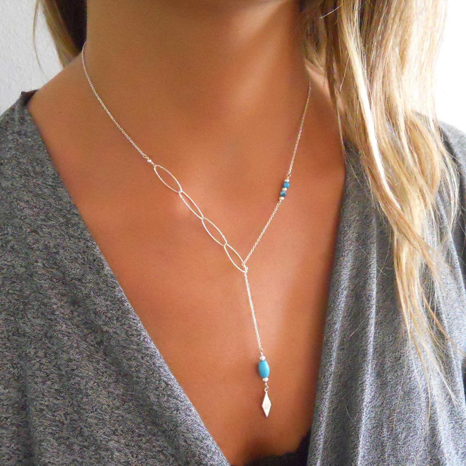 Annika Bella Dainty Turquoise Lariat Necklace, 925 Sterling Silver Long Chain Necklace, Oval Links Chain, Women's Jewellery, Gift for Her (Silver) - Image 7