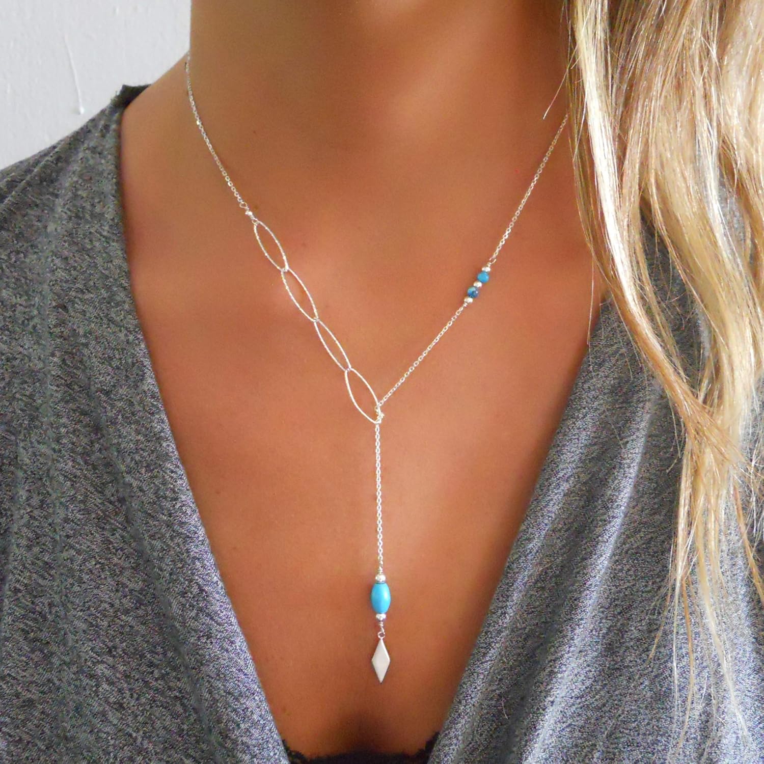 Annika Bella Dainty Turquoise Lariat Necklace, 925 Sterling Silver Long Chain Necklace, Oval Links Chain, Women's Jewellery, Gift for Her (Silver) - Image 2