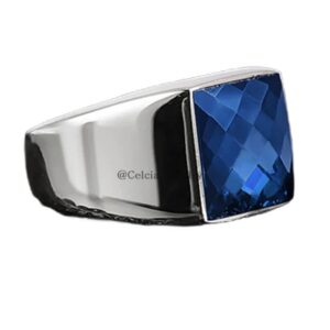 Blue Cubic Zircon Natural 12MM Gemstone Mens Ring, Genuine 925 Sterling Silver Ring, Expensive Promise Statement Signet Ring, Birthday Anniversary Gifts for Dad (blue-cubic-zircon, Size 7)