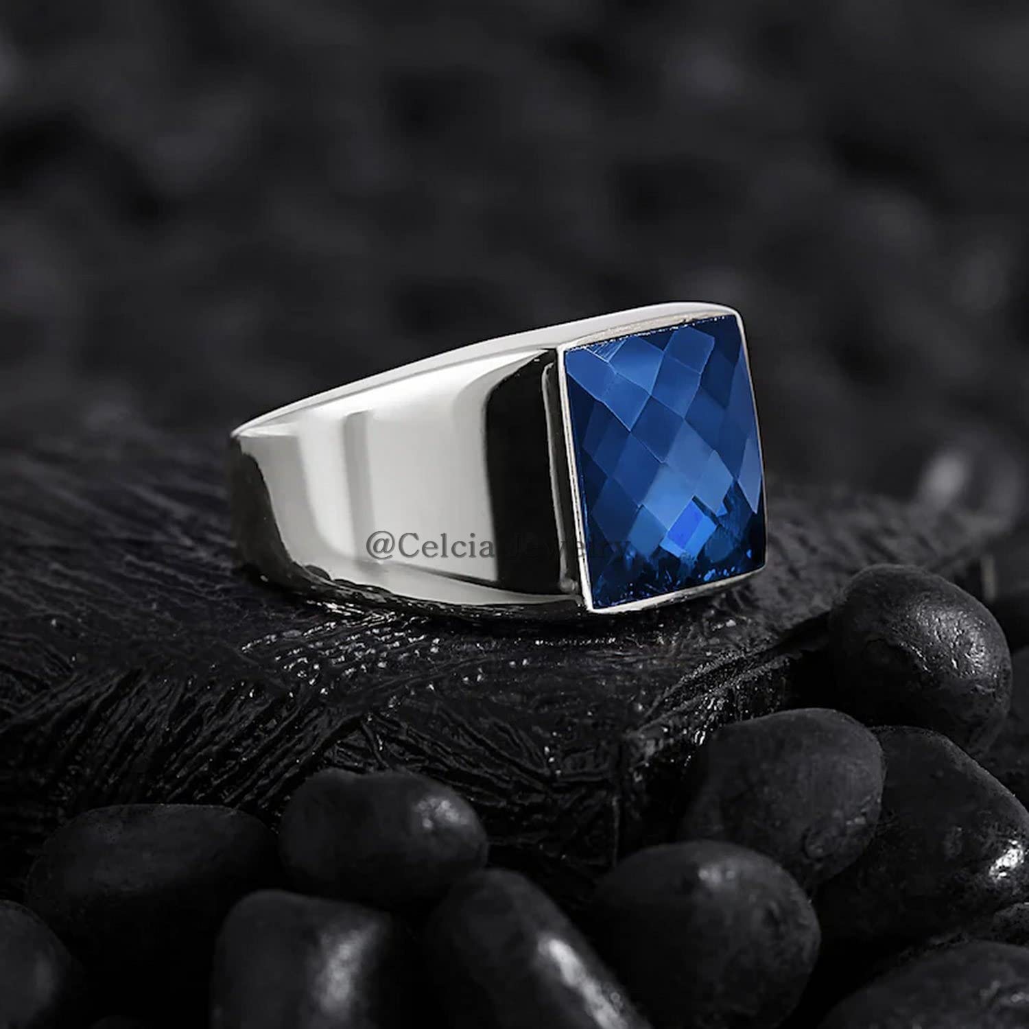 Blue Cubic Zircon Natural 12MM Gemstone Mens Ring, Genuine 925 Sterling Silver Ring, Expensive Promise Statement Signet Ring, Birthday Anniversary Gifts for Dad (blue-cubic-zircon, Size 7) - Image 3