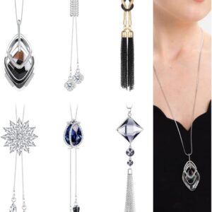 CASSIECA 6Pcs Long Pendant Necklace for Women Lady Statement Sweater Necklace Set Silver Plated Rhinestone Flower Tassel Necklace Y Simple Necklaces Sweater Chain Fashion Jewelry Women Gifts