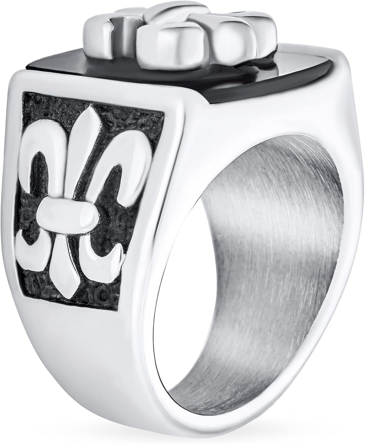 Bling Jewelry Personalize Large Statement Medieval Men's Religious Ancient Viking Maltase Fleur De Lis Cross Square Signet Band Ring For Men Oxidized Silver Tone Stainless Steel - Image 2