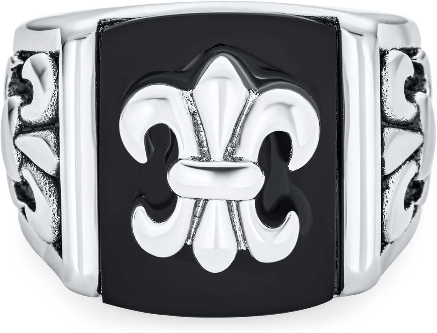 Bling Jewelry Personalize Large Statement Medieval Men's Religious Ancient Viking Maltase Fleur De Lis Cross Square Signet Band Ring For Men Oxidized Silver Tone Stainless Steel