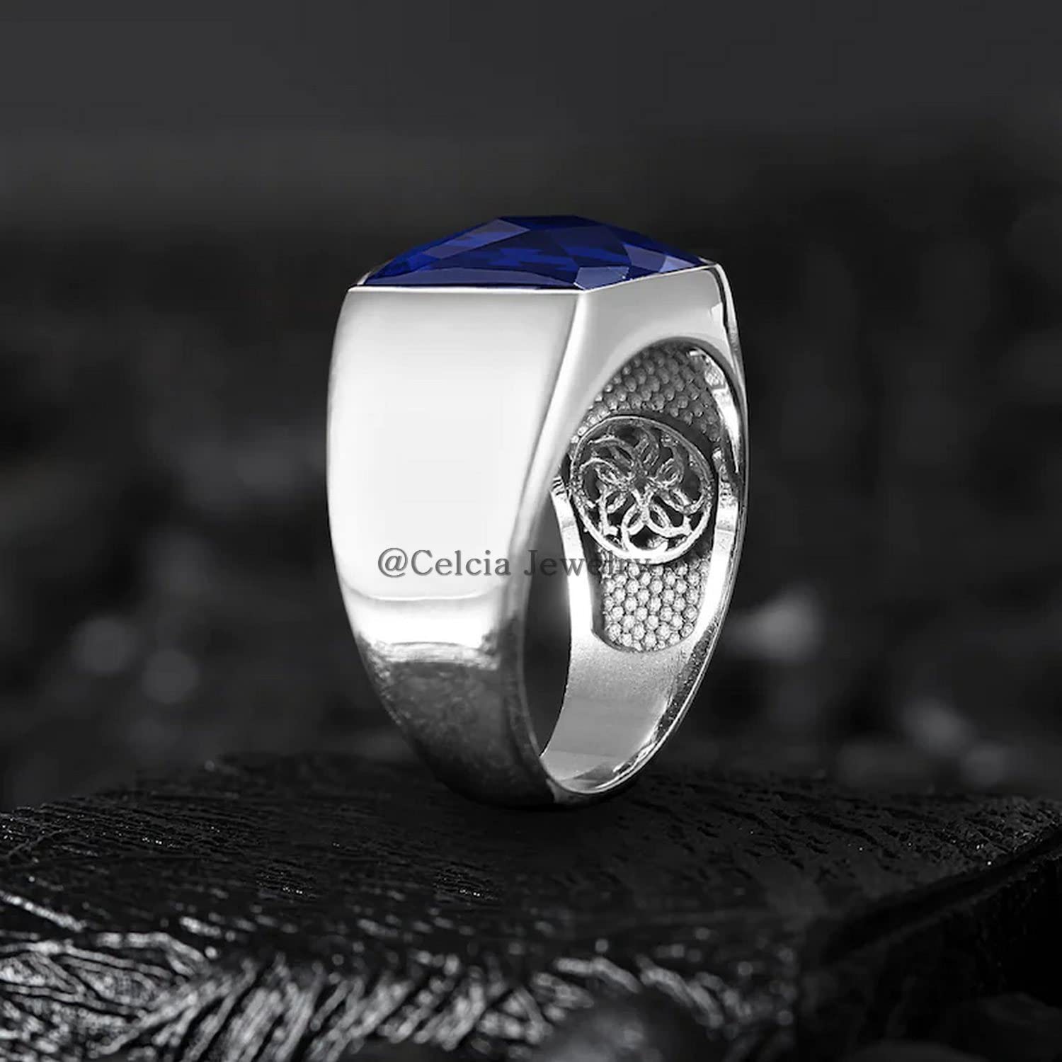 Blue Cubic Zircon Natural 12MM Gemstone Mens Ring, Genuine 925 Sterling Silver Ring, Expensive Promise Statement Signet Ring, Birthday Anniversary Gifts for Dad (blue-cubic-zircon, Size 7) - Image 2