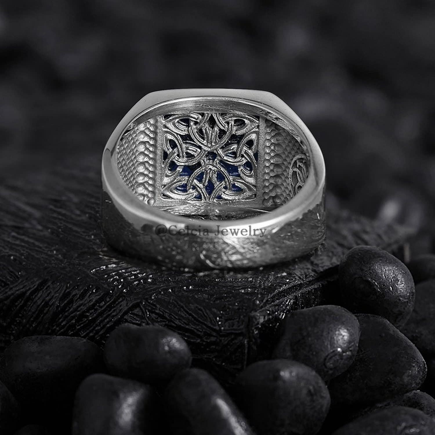 Blue Cubic Zircon Natural 12MM Gemstone Mens Ring, Genuine 925 Sterling Silver Ring, Expensive Promise Statement Signet Ring, Birthday Anniversary Gifts for Dad (blue-cubic-zircon, Size 7) - Image 4