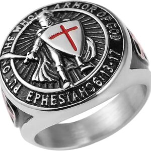 GAUEIOUR Knights Templar Ring for Men,Red Cross Design Ephesians Men's Stainless Steel Retro Fashion Personality Ring Guardian Jewelry Gift,Size 8(Silver)