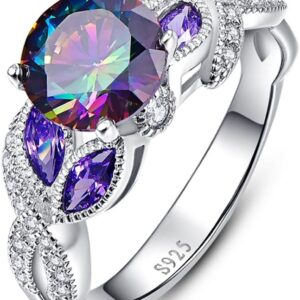 Bonlavie 925 Sterling Silver Engagement Rings for Women Rainbow Topaz Sapphire Anniversary July Gemstone Birthstone Rings Size J 1/2-T 1/2