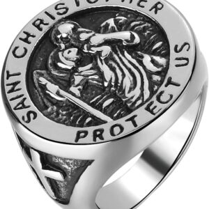 GAUEIOUR Signet Ring for Men with Saint Christopher,Saint Christopher Protect US Statement Bands,Gothic Sliver Ring Amulet Jewellery Gift,Titanium Steel Ring,Szie 8(Silver)