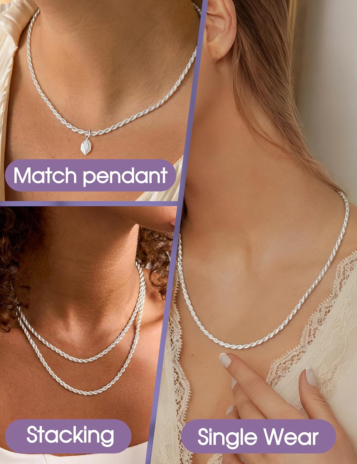 Dochais 925 Sterling Silver Chain Necklace for Women Men 2mm/3mm Thin Silver Necklace 16/18/20/22 Inch Necklaces for Women Silver 925 Plated Minimalist Womens Jewellery Gifts Pendant Replacement - Image 4