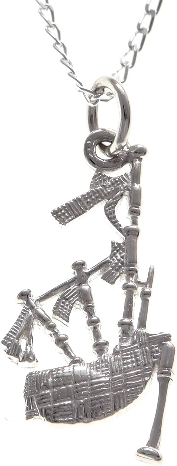 Alexander Castle 925 Sterling Silver Scottish Bagpipes Necklace 25mm x 14mm Pendant with 18" Silver Chain & Jewellery Gift Box - Scottish Gifts for Women & Men