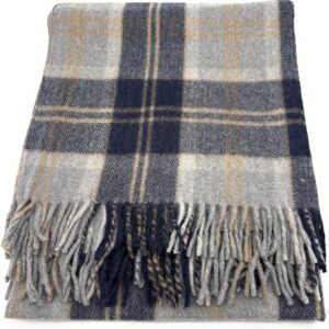 Bannockbane Silver Tartan Wool Throw Blanket, Grey and Navy Check with Fringe, 162.5 x 193 cm, Sofa or Bed