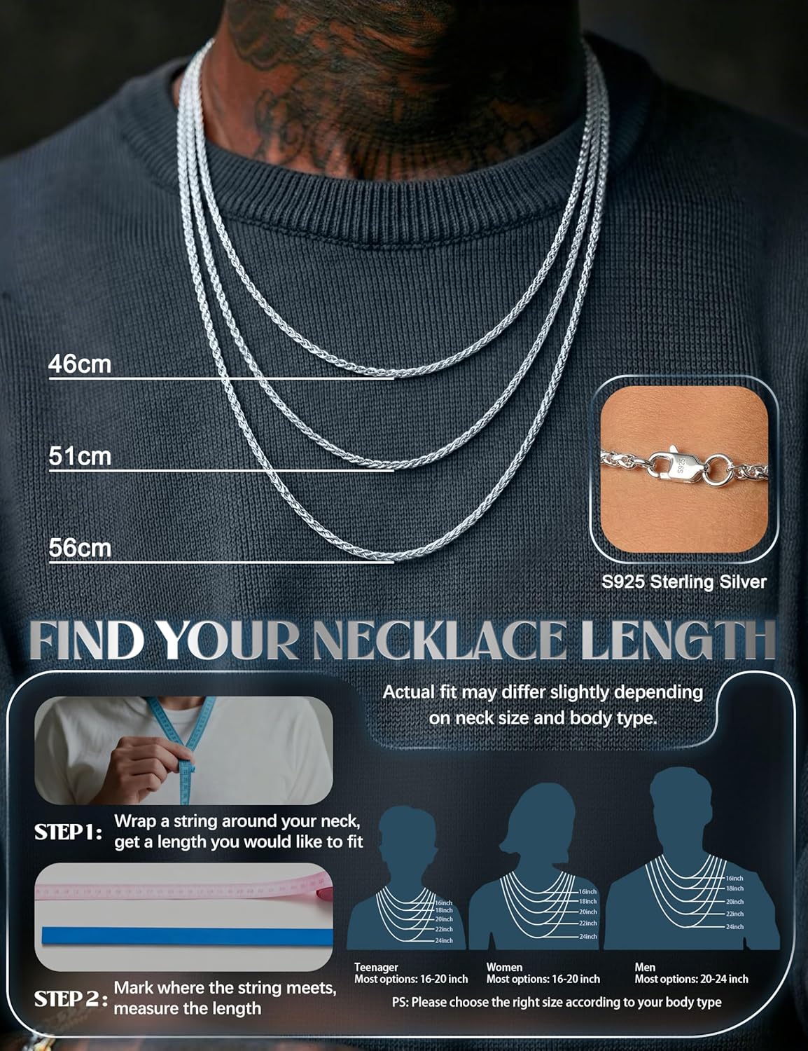 YADOCA 925 Sterling Silver Chain Mens Hypoallergenic Wheat Silver Necklace Chain for Men Sturdy Men's Necklaces Ideal Pendants Choice Jewellery Gift 18/20/22 Inch - Image 4
