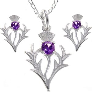 Alexander Castle Women's Jewellery Set 925 Sterling Silver Thistle Real Amethyst Necklace and Earring Set - Scottish Gifts for Women Girls Teens with Jewellery Gift Box - Stud Thistle Earrings