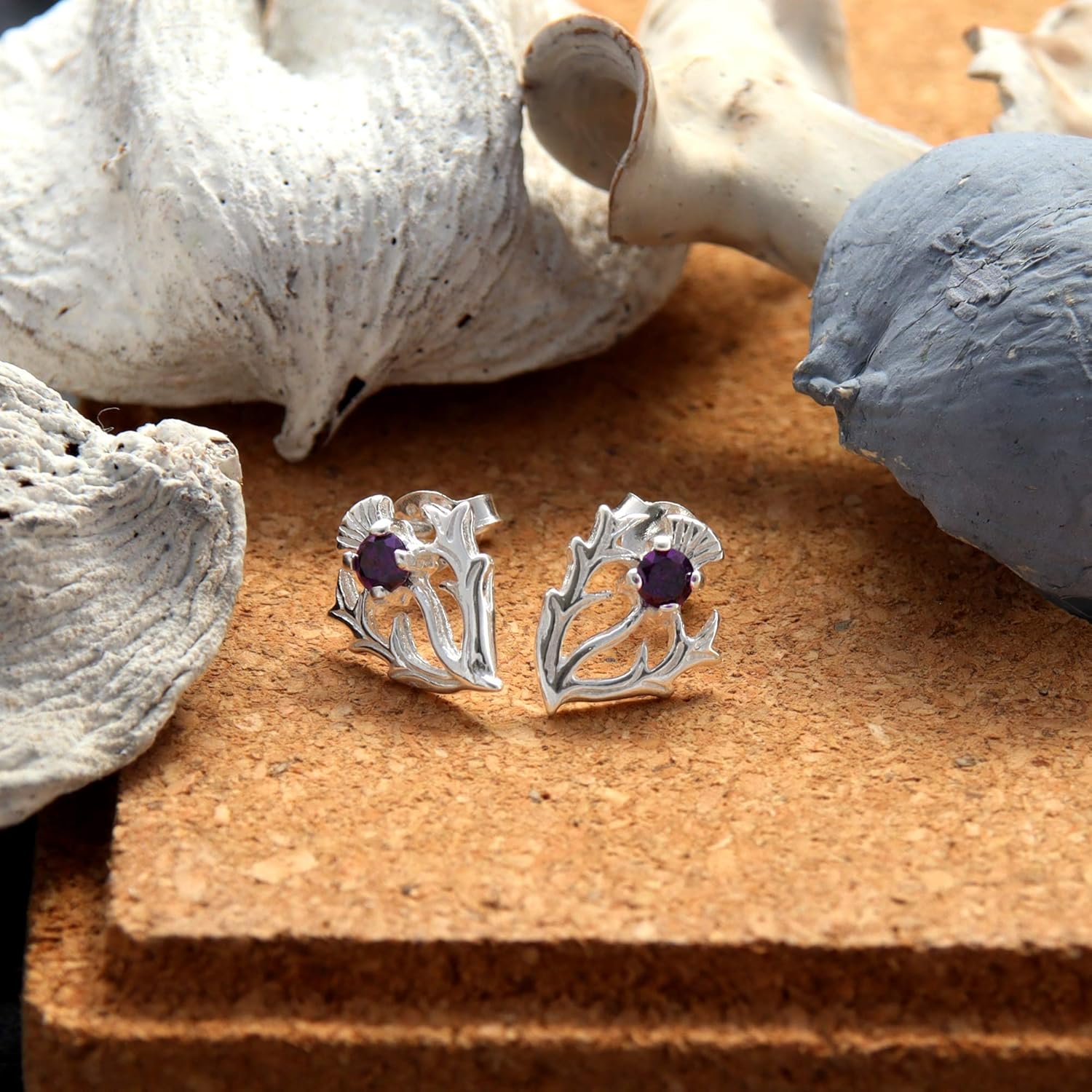 Alexander Castle Women's Jewellery Set 925 Sterling Silver Thistle Real Amethyst Necklace and Earring Set - Scottish Gifts for Women Girls Teens with Jewellery Gift Box - Stud Thistle Earrings - Image 4