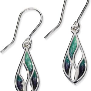 ORTAK 925 Sterling Silver Handmade Drop Earrings | Hand Enamel Hot Glass in Northern Lights Colourways | Textured Background | Scottish Fine Jewellery | High Polished | 37 x 9 mm | Made in Scotland