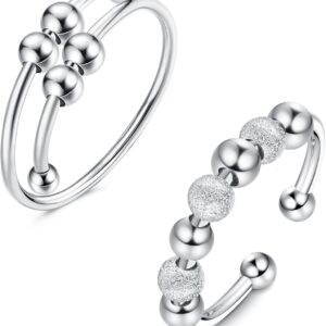 2 PCS Anxiety Rings 925 Sterling Silver Fidget Ring for Women Men Anxiety Adjustable Spinner Ring Open Bead Thumb Rings Stress Relief Peace Rings