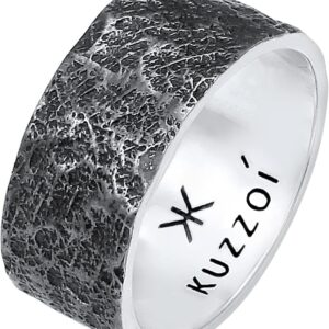 Kuzzoi Men's ring (10 mm) solid hand forged, band ring for men made of 925 sterling silver, cool silver ring in used look, ring with rustic structure, oxidised, ring size 60-66, 0609652220