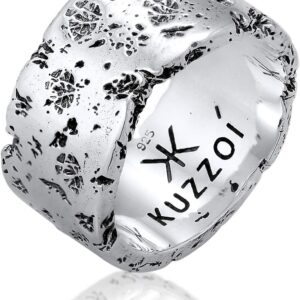 Kuzzoi Men's Ring (12.5 mm) Solid Hand Forged, Sterling Silver Band Ring with Oxidised Finish, Rustic Style, Size 60-66