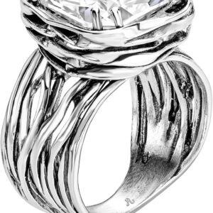 JEAN RACHEL JEWELRY 925 Sterling Silver Statement Ring White Cushion Shaped Cubic Zirconia CZ Organic Look Vintage Antique Look, Lead-free Artisan Handcrafted Designer collection