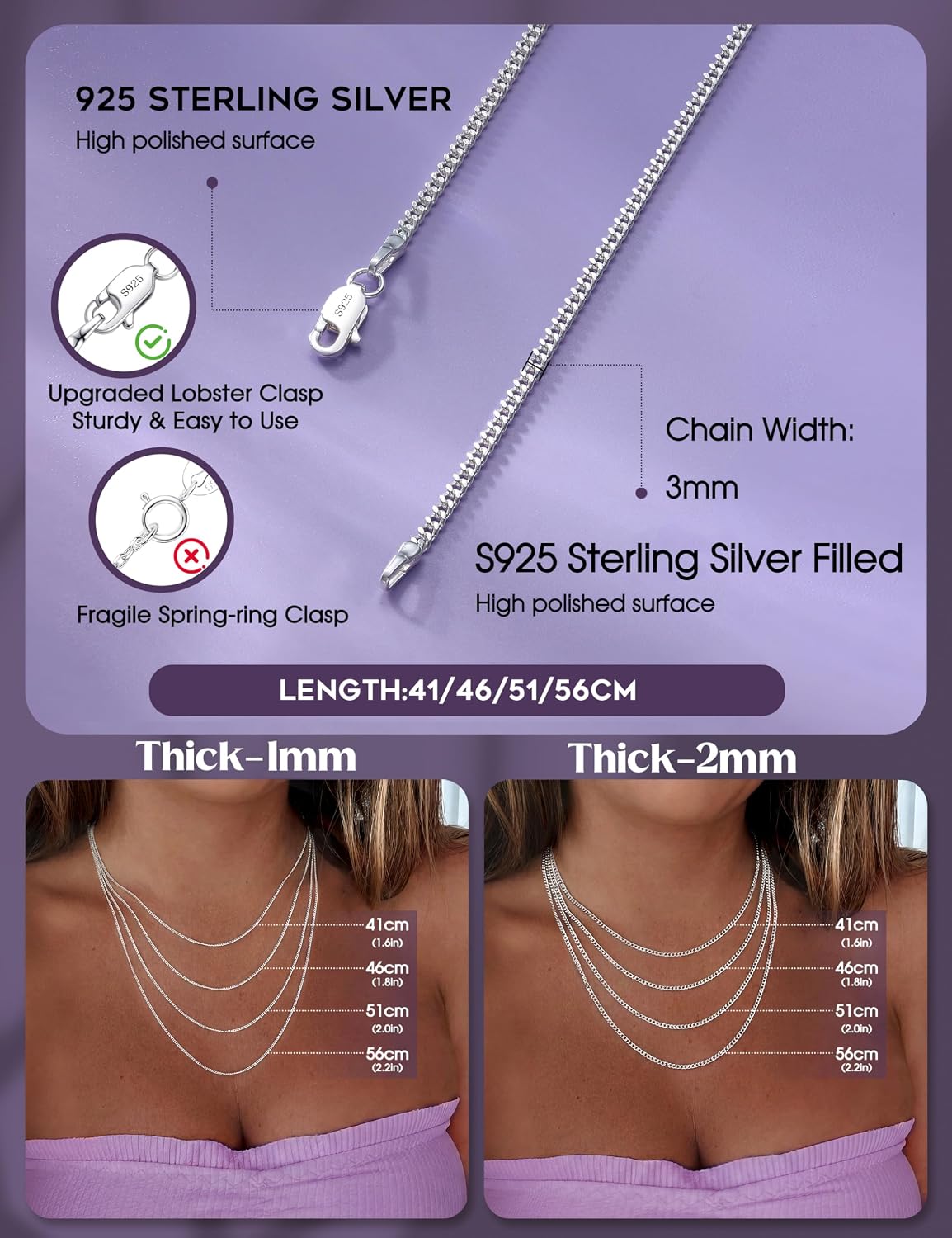 Dochais 925 Sterling Silver Chain Necklace for Women Men 1mm/2mm Thin Silver Necklace 16/18/20/22 Inch Necklaces for Women Silver 925 Plated Minimalist Womens Jewellery Gifts Pendant Replacement - Image 5