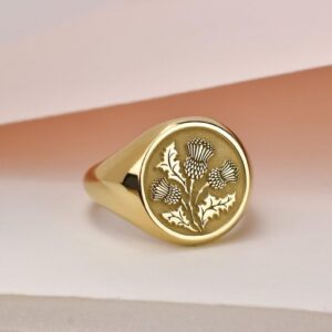 thistle signet ring| scottish round nature flower jewelry| gift| 925 sterling silver gold plated Ring Size US 8.5|FIZA_EN_RNG_0217_US 8.5